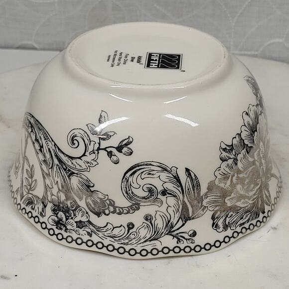 222 Fifth Adelaide Bowl 5.5" Silver Floral Bird White Porcelain Round Scalloped - Picture 8 of 14